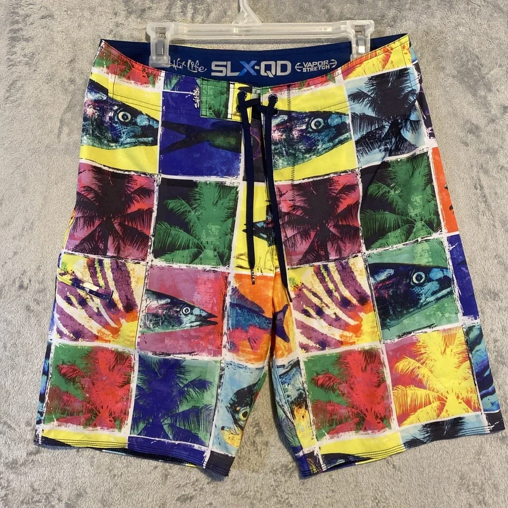 Salt Life Swim Boardshorts Men Sz 32 Fish Graphic SLX-QD Colorful NWT Surf Beach